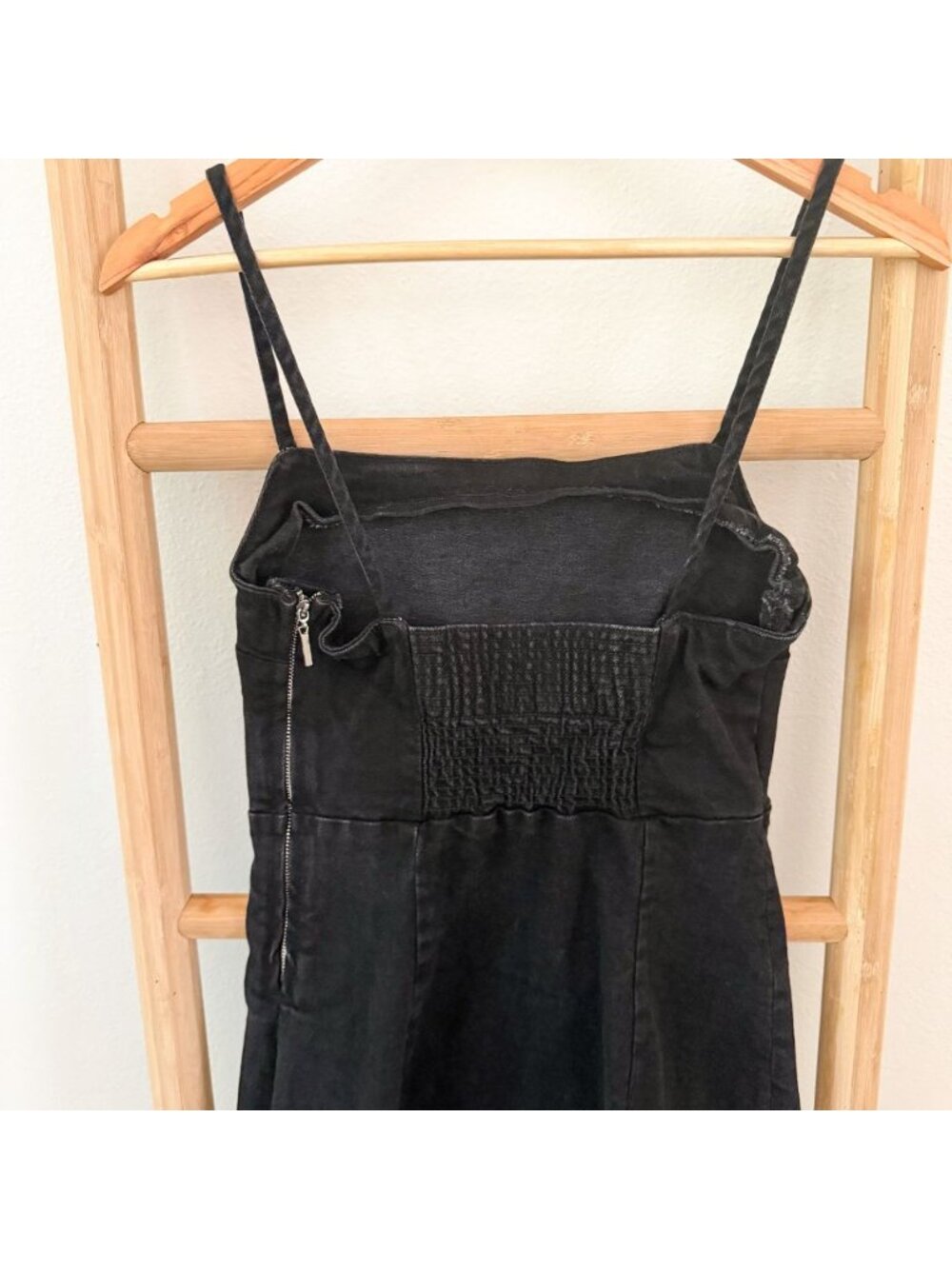 Zara Black Denim Mini Dress Spaghetti Strap Fitted Stretch Size Small - Picture 6 of 8